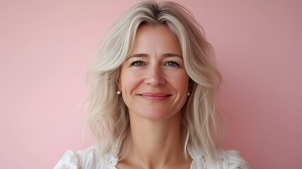 Naklejka premium The image is a close-up, head-and-shoulders studio portrait of a middle-aged woman with shoulder-length, light blonde hair. She is smiling subtly, with a gentle and approachable expression. Her face