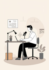 Minimalist Podcast Host Illustration Recording with Microphone and Laptop