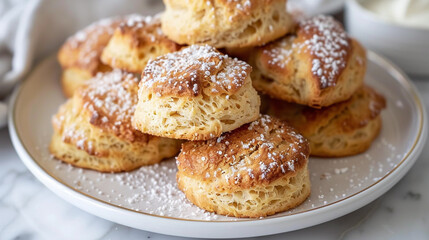 Scones with coarse sugar topping clustered together, rustic golden crust, classic baked treat for tea-time and cafes