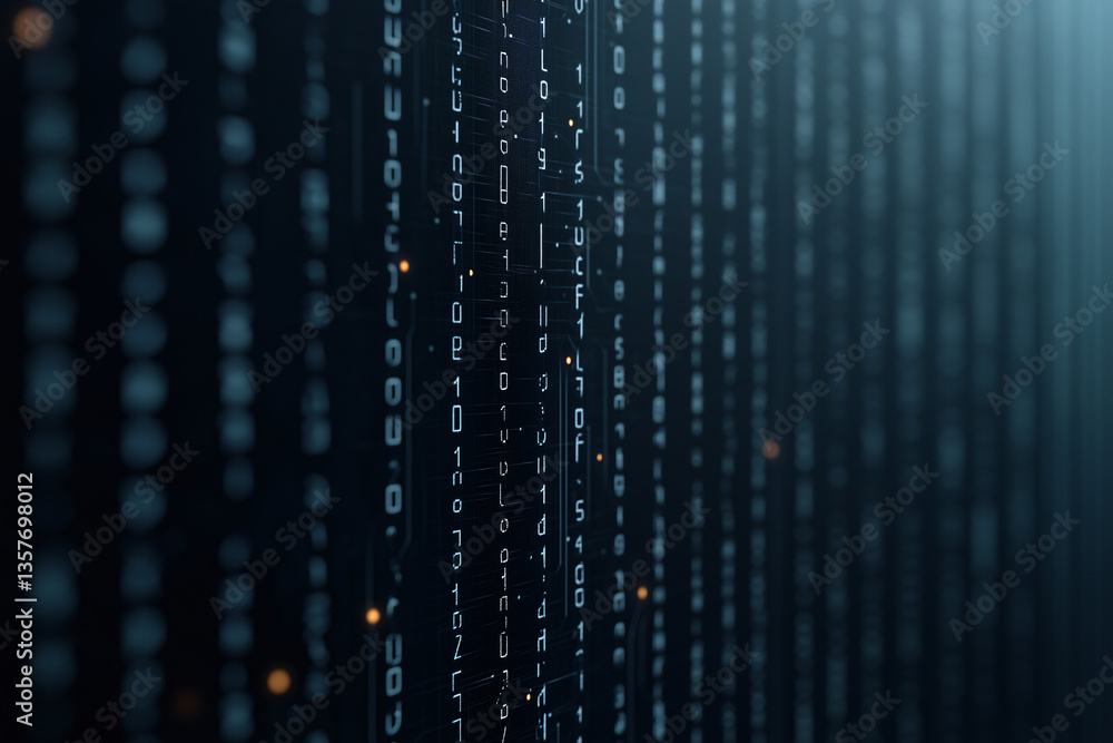 Poster digital rain: binary code cascading downwards, creating an abstract representation of data flow, per