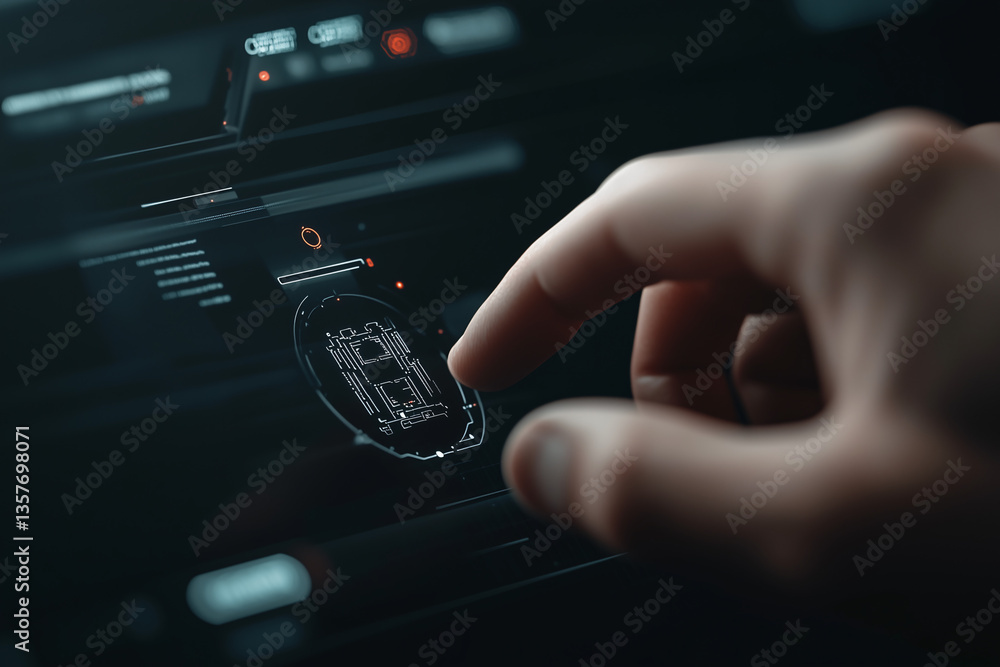 Poster interface touch: a close-up shot of a hand interacting with a high-tech interface, highlighting the 