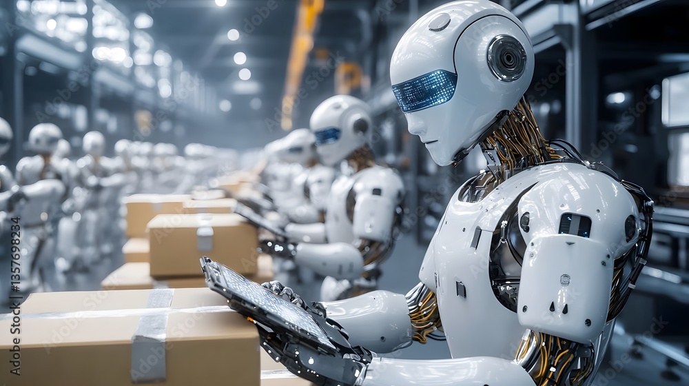 Poster robots working diligently in a modern industrial setting, suggesting efficiency and advanced technol