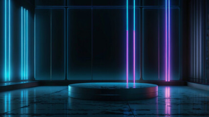 Abstract realistic blue 3d room pedestal podium. Sci-fi dark abstract room with vertical glowing neon lighting lines with wet reflective floor. Vector rendering mockup product display.
