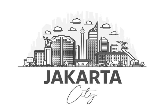 Jakarta, Indonesia architecture line skyline illustration with shadows. Linear vector cityscape with famous landmarks, city sights, design icons.