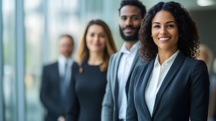 Obraz premium a group of diverse businesspeople standing together, looking confident and professional. The group appears to be smiling, with a focus on leadership and collaboration