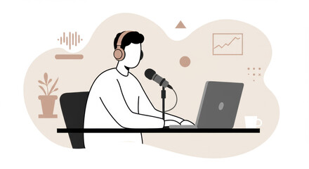 Minimalist Podcast Host Illustration Recording with Microphone and Laptop
