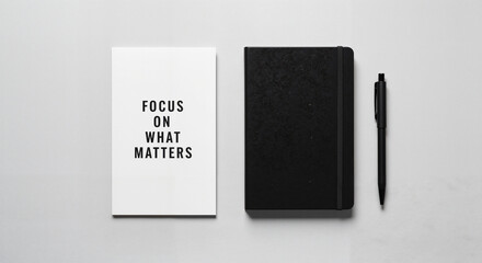 Minimalist stationery with motivational quotes and black notebook  