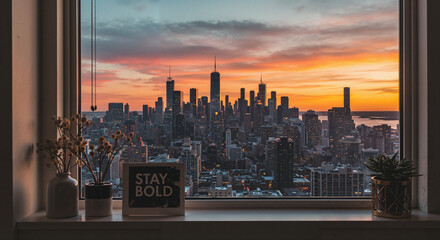 City skyline sunset viewed through a window with inspirational decor  
