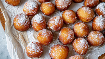 Sugar-dusted donut holes grouped in triangular formation, soft and sweet bite-sized treats, perfect for parties and breakfast buffets