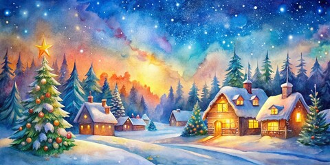 Fototapeta premium Panoramic Christmas Watercolor Painting: Festive Winter Wonderland Scene