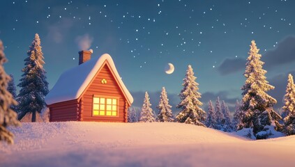 Fototapeta premium Snowy cabin at night, warm light, winter forest, peaceful scene