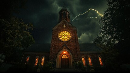 A gothic church under stormy night.  The building is illuminated with warm, golden light, contrasting with the dark, ominous clouds and lightning