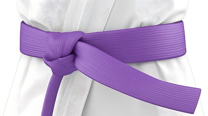 Purple martial arts belt tied around a white gi.