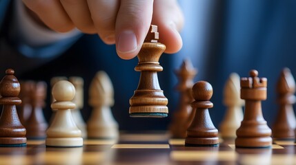 A person's hand is moving the chess king piece, close up view, chess board, with other pieces in focus 