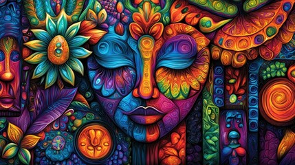 Obraz premium Colorful abstract face, floral patterns, tribal elements, serene background. Suitable for prints, posters, or wallpapers