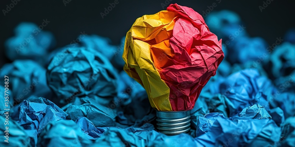 Poster bright idea emerges from colorful chaos of crumpled paper creating a visual statement in modern crea