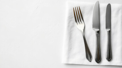 A blank white restaurant napkin mockup with a knife and fork placed neatly on top. The napkin is isolated, showcasing its clean, smooth texture.