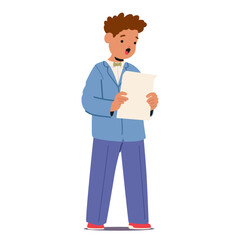 Elegant little gentleman cartoon boy child character singing song reading text on paper sheet