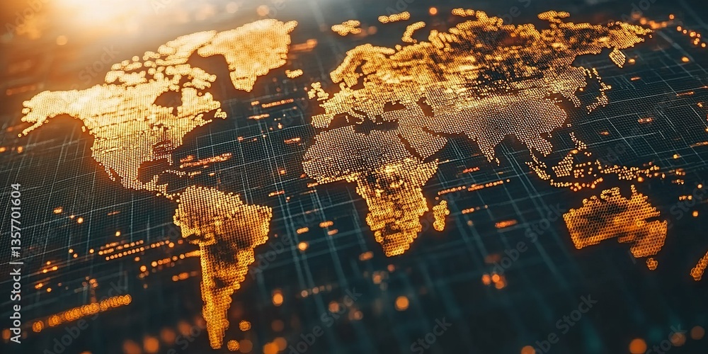 Poster stunning digital world map created with glowing dots against a dark background showcasing global con