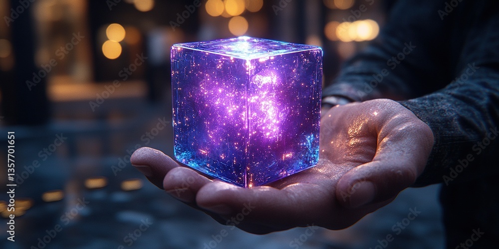 Poster glowing cube with cosmic patterns held in hand during an evening in a busy urban setting
