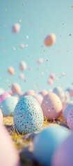 Modern Easter celebration design with a soft gradient sky and scattered speckled eggs offering ample space for adding personalized holiday wishes. Created with generative AI.