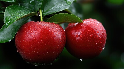 Obraz premium Fresh, vibrant plums covered in raindrops on a branch