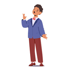 Preschool boy cartoon character wearing concert suit singing song participating in musical party