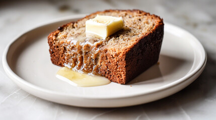 Banana bread slice topped with butter curl, moist texture and warm tones ideal for bakery showcases and food blogs