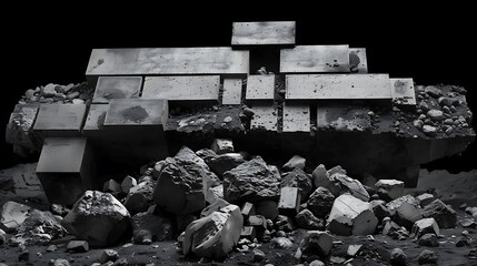 Abstract geometric arrangement of concrete blocks and rocky debris