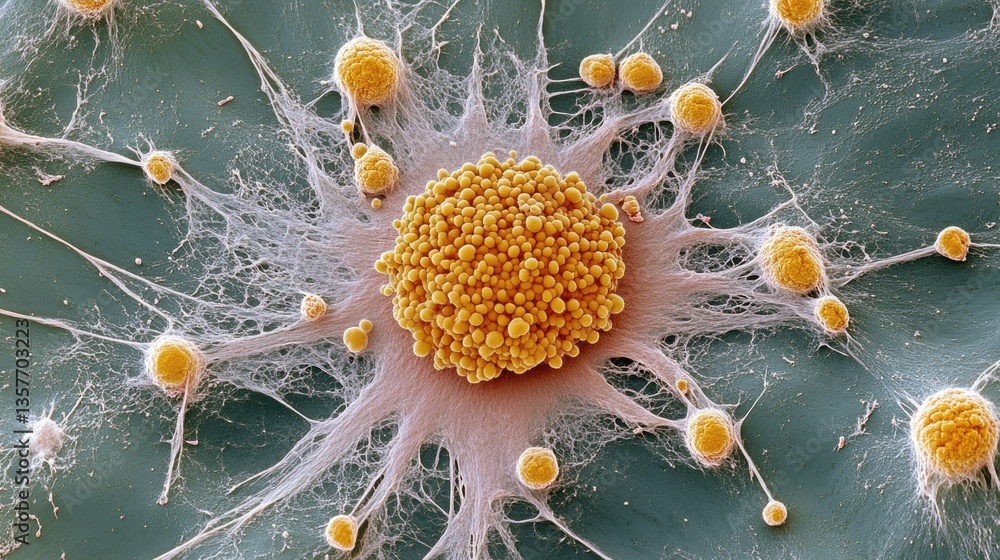 Poster microscopic exploration: a scanning electron micrograph of a cellular structure