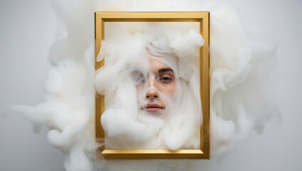 portrait of a young man in a golden frame in white smoke cloud, conceptual aestetic design wallpapers background