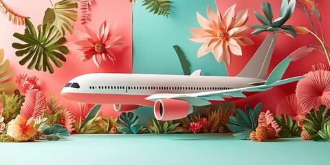 Creative display of a model airplane surrounded by colorful paper flowers and green leaves in a vibrant setting