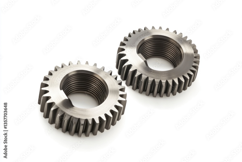 Aufkleber two metallic gears with internal threads, precision-engineered components for machinery.