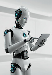 Futuristic Humanoid Robot Using Digital Tablet in a Modern Environment
