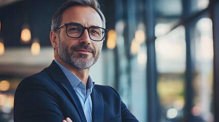 Fototapeta premium a professional looking businessman with glasses posing in a modern office setting. he has a confident expression on his face and his arms are crossed