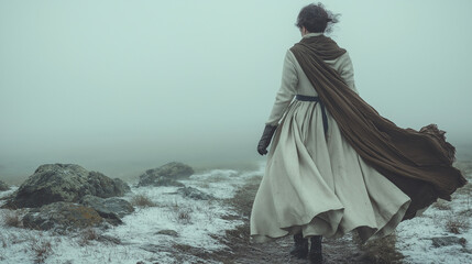 Embracing solitude, a woman in an oversized beige garment wanders through a misty landscape, her essence merging with the ethereal surroundings of nature's quiet embrace