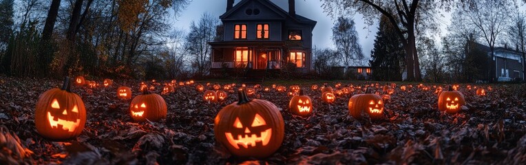 Obraz premium Halloween Pumpkins Lining a Dark Path Leading to a Haunted House