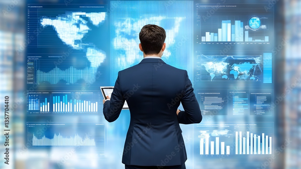 Poster a businessman looking at a virtual screen display of financial data and graphs, indicating data anal