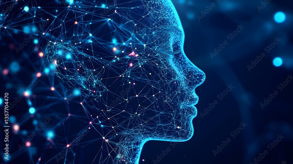 Poster an artistic representation of a human face composed of interconnected data points, symbolizing artif
