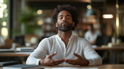 Obraz premium Businessman finding calmness through mindfulness practice in a serene office environment during a productive afternoon
