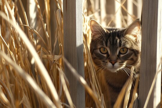 Tabby cat hidden among dry autumn leaves in sunlight