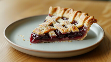 Cherry pie slice with flaky lattice crust, vibrant red filling exposed, perfect for Americana-style dessert promos and rustic food visuals