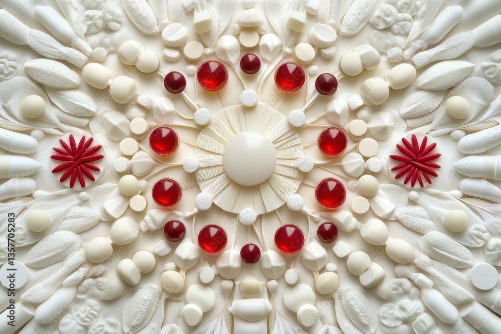Poster this photo showcases a close up of a pattern created by an arrangement of white and red objects an i