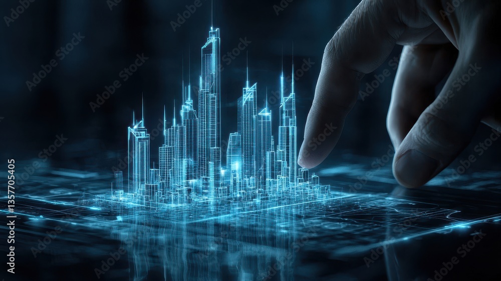 Poster engineering structural analysis. futuristic city model being manipulated by a hand in a digital inte
