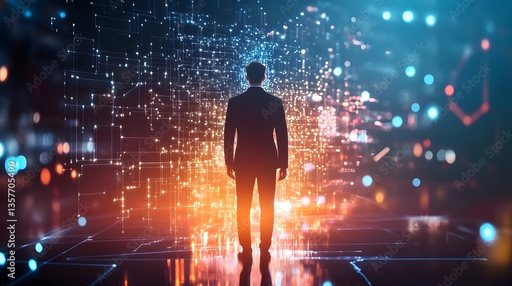 Poster a silhouette of a man in a suit standing in front of a digital data visualization, representing the 