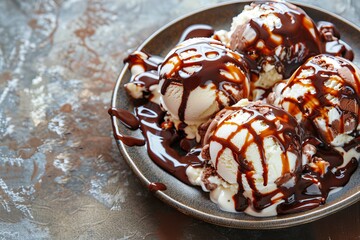 A classic restaurant dessert with ice cream, served in a luxurious plate with chocolate sauce.