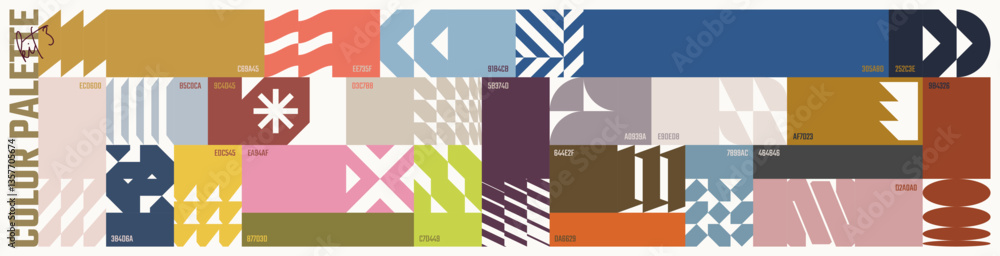 Poster colour palette set, trendy different combined colors with codes, vector banner with colorful ornamen