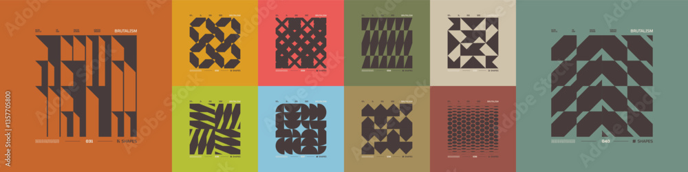 Poster kit of postmodern geometric compositions with abstract shapes in brutalism aesthetics, mosaic of bru