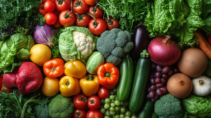 Vibrant assortment of fresh raw vegetables and fruits arranged beautifully on a rustic wooden table at a sunlit farm market