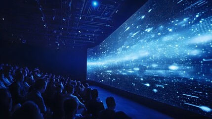 a group of people watching a large screen display of a space-themed cinematic experience, immersive visual entertainment. The scene is indoors, featuring rows of seated viewers watching in awe